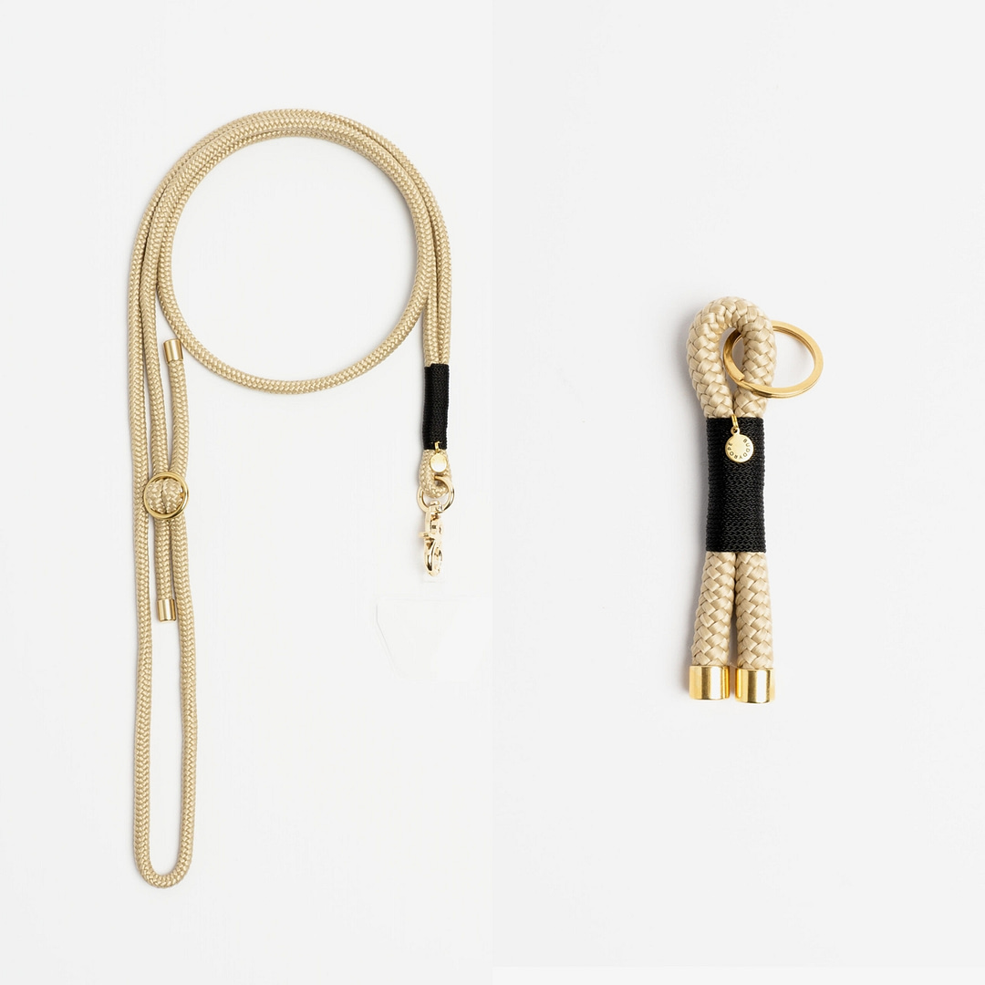 Handykette, Schlüsselanhänger Beige Schwarz Messing, Set aus Tau, Hundezubehör im Partnerlook individuell nach Maß handgemacht in Österreich