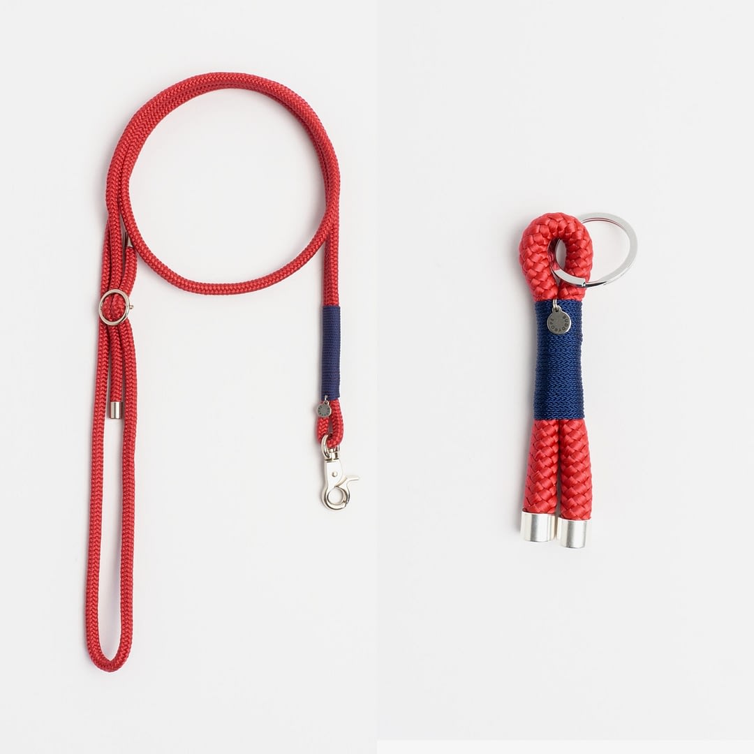 Handykette, Schlüsselanhänger Beige Rot Silber, Set aus Tau, Hundezubehör im Partnerlook individuell nach Maß handgemacht in Österreich