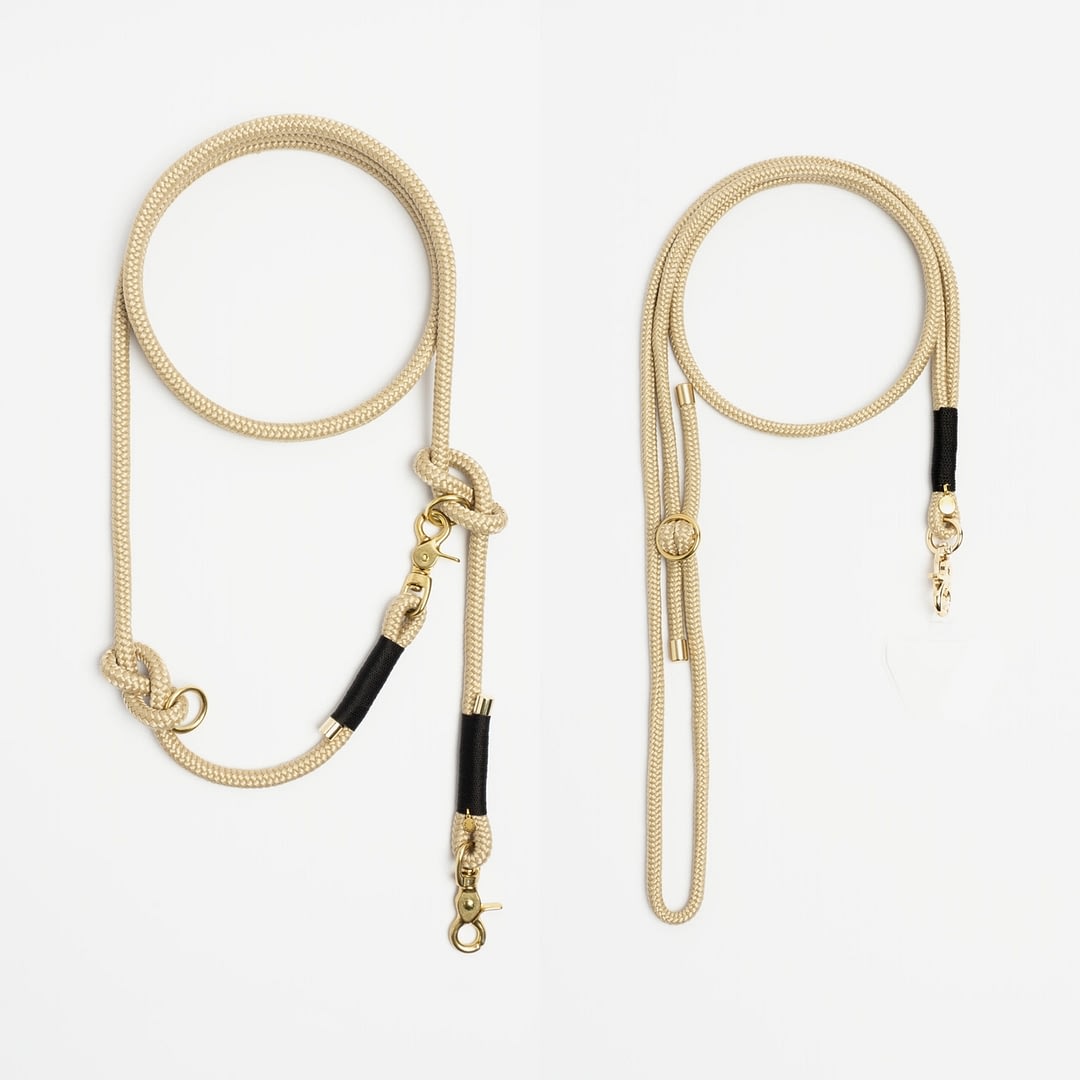 Führleine einfach, Handykette Beige Schwarz Messing, Set aus Tau, Hundezubehör im Partnerlook individuell nach Maß handgemacht in Österreich