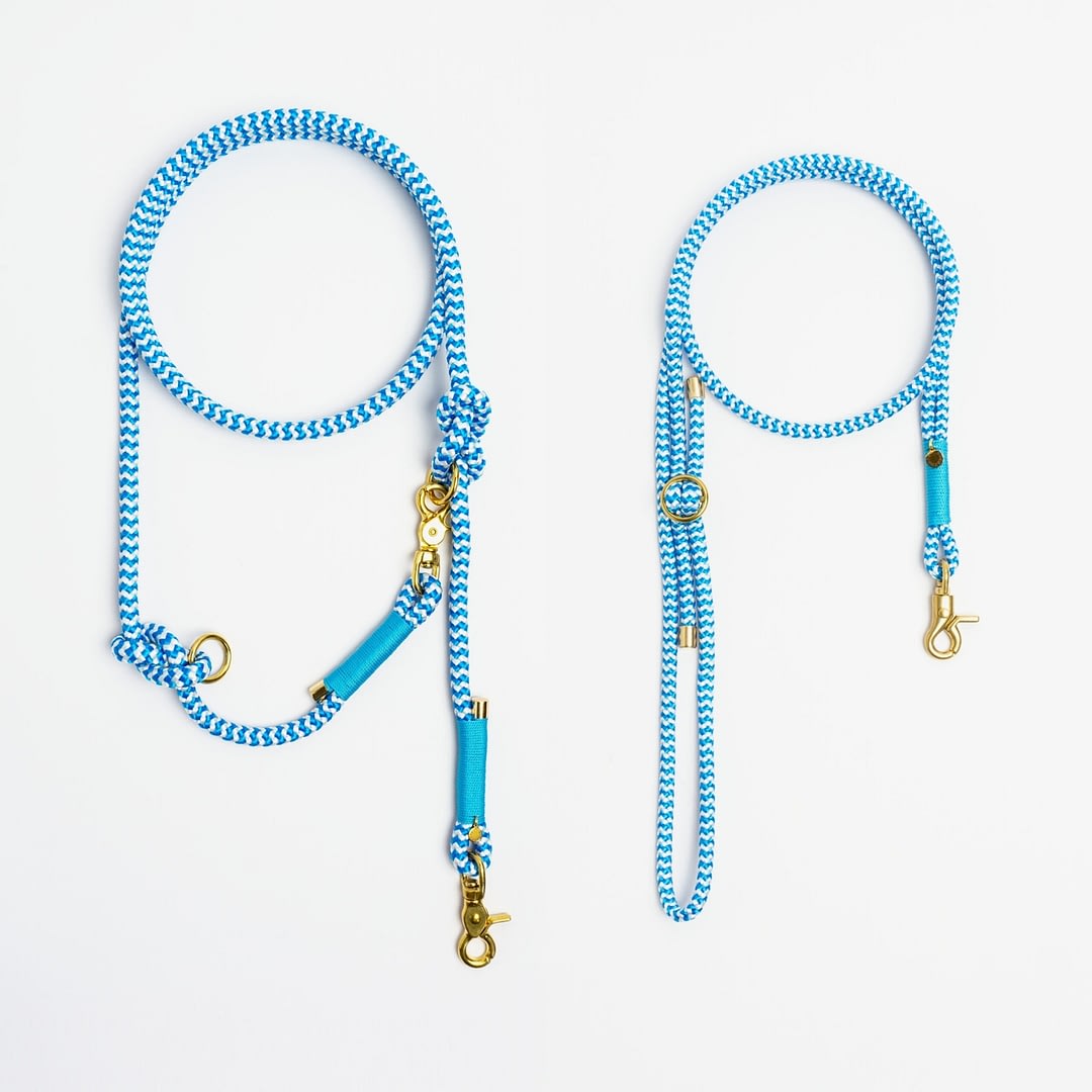 Führleine verstellbar, Handykette Blau weiß gestreift Türkis Messing, Set aus Tau, Hundezubehör im Partnerlook individuell nach Maß handgemacht in Österreich