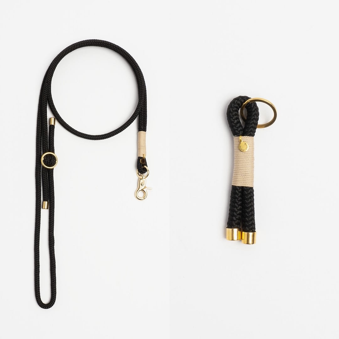 Handykette, Schlüsselanhänger Beige Schwarz Messing, Set aus Tau, Hundezubehör im Partnerlook individuell nach Maß handgemacht in Österreich