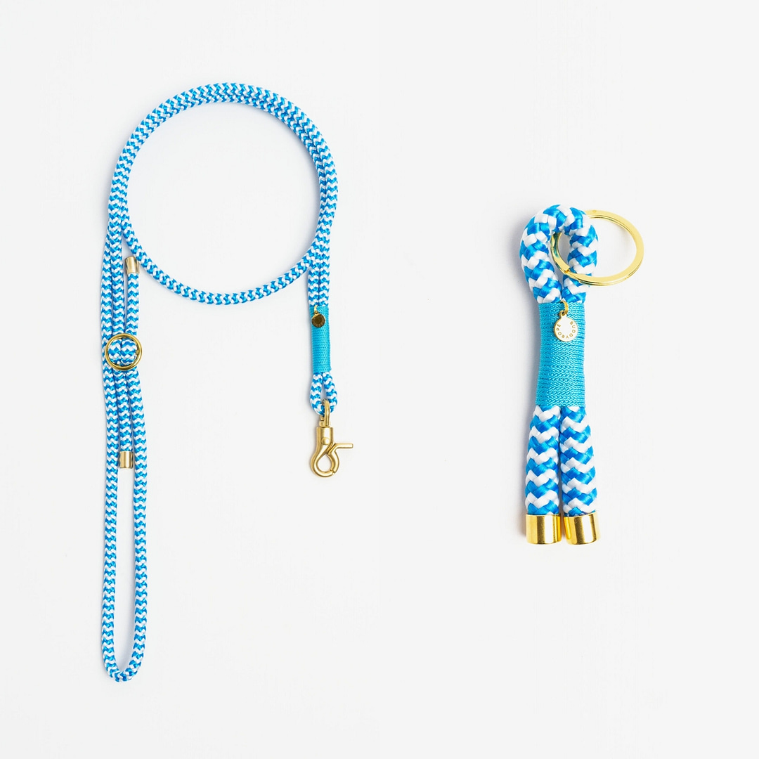 Handykette, Schlüsselanhänger Blau Weiß gestreift Türkis Messing, Set aus Tau, Hundezubehör im Partnerlook individuell nach Maß handgemacht in Österreich