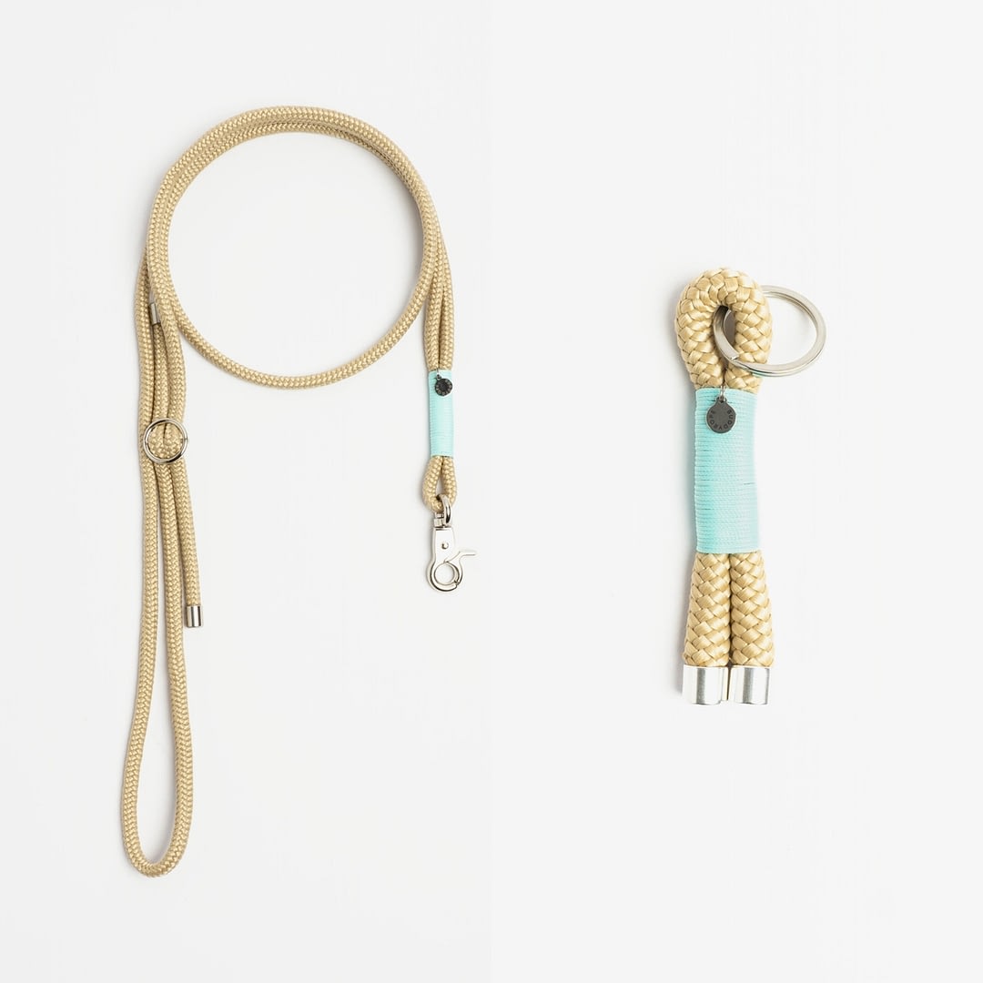 Handykette, Schlüsselanhänger Beige Helltürkis Silber, Set aus Tau, Hundezubehör im Partnerlook individuell nach Maß handgemacht in Öst
