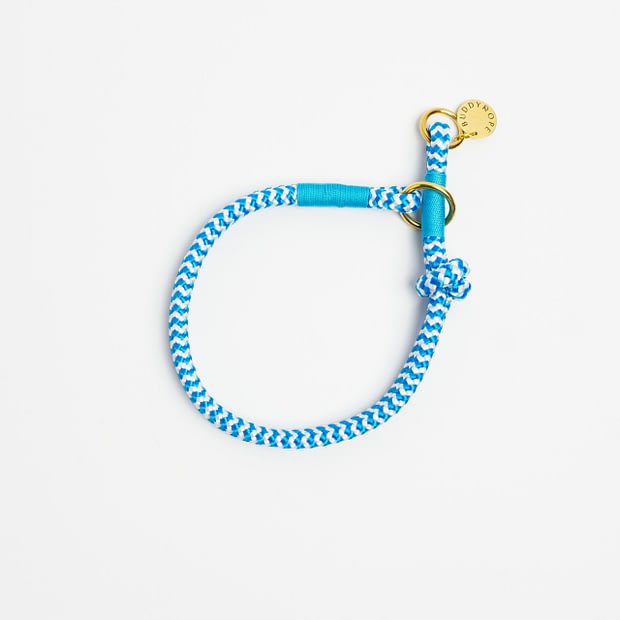 Zugstopphalsband Blau Weiß gestreift Türkis Messing, Hundehalsband aus Tau, Hundezubehör individuell nach Maß handgemacht in Österreich