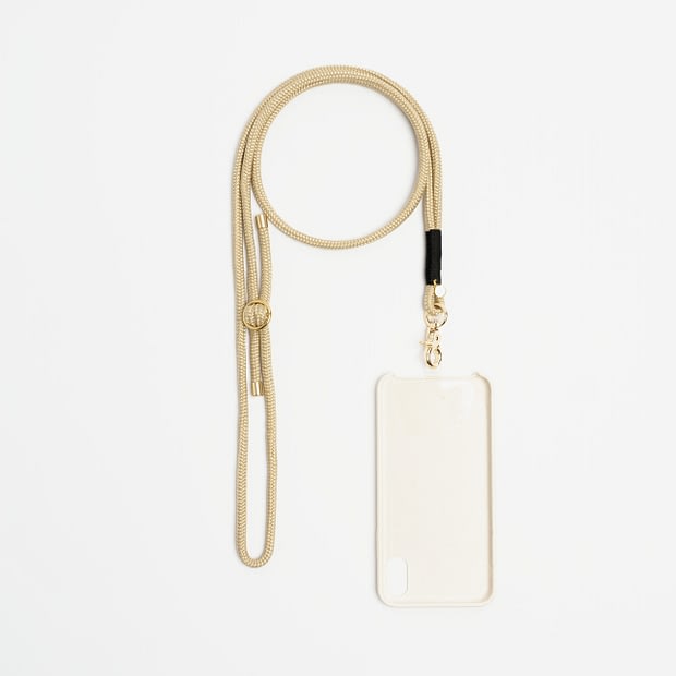 Handykette mit Handypatch in Handyhuelle Beige Schwarz Messing, Handykette aus Tau, Hundezubehör individuell nach Maß handgemacht in Österreich