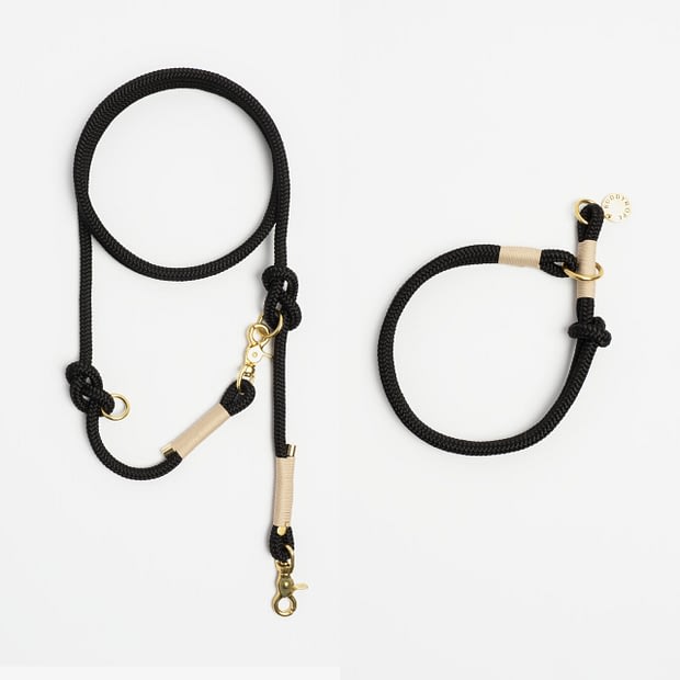 Führleine verstellbar, Zugstopphalsband Schwarz Beige Messing, Set aus Tau, Hundezubehör individuell nach Maß handgemacht in Österreich
