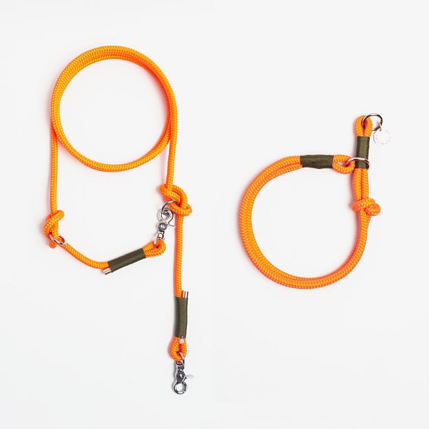 Führleine verstellbar, Zugstopphalsband Orange Olive Silber, Set aus Tau, Hundezubehör individuell nach Maß handgemacht in Österreich