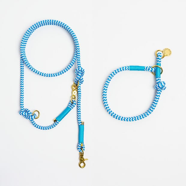 Führleine verstellbar, Zugstopphalsband Blau Weiß gestreift Türkis Messing, Set aus Tau, Hundezubehör individuell nach Maß handgemacht in Österreich