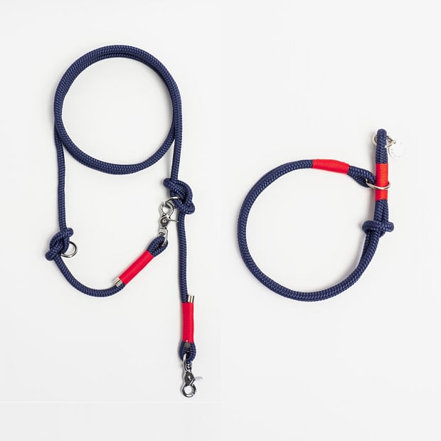 Führleine verstellbar, Zugstopphalsband Blau Rot Silber, Set aus Tau, Hundezubehör individuell nach Maß handgemacht in Österreich