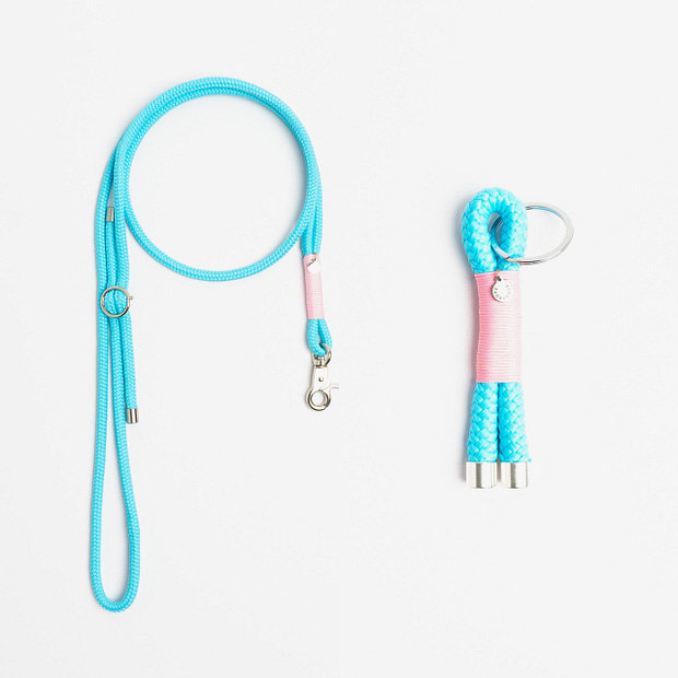 Handykette, Schlüsselanhänger Türkis Rosa Silber, Set aus Tau, Hundezubehör im Partnerlook individuell nach Maß handgemacht in Österreich