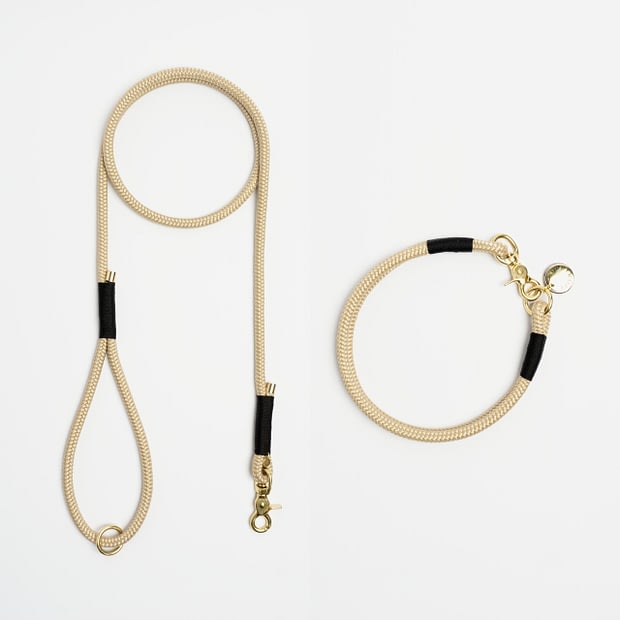 Führleine einfach, Halsband fix Beige Schwarz Messing, Set aus Tau, Hundezubehör individuell nach Maß handgemacht in Österreich