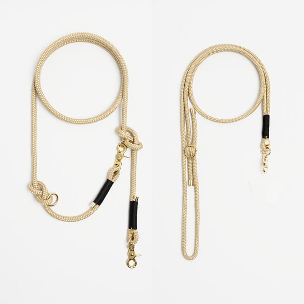 Führleine einfach, Handykette Beige Schwarz Messing, Set aus Tau, Hundezubehör im Partnerlook individuell nach Maß handgemacht in Österreich
