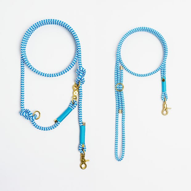 Führleine verstellbar, Handykette Blau weiß gestreift Türkis Messing, Set aus Tau, Hundezubehör im Partnerlook individuell nach Maß handgemacht in Österreich
