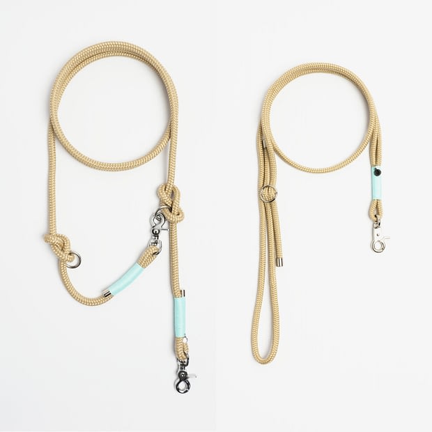 Führleine einfach, Handykette Beige Helltürkis Silber, Set aus Tau, Hundezubehör im Partnerlook individuell nach Maß handgemacht in Österreich