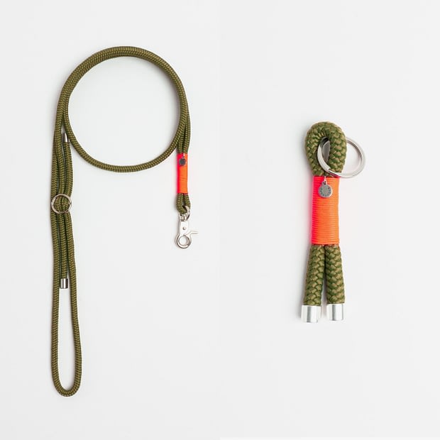 Handykette, Schlüsselanhänger olive orange Silber, Set aus Tau, Hundezubehör im Partnerlook individuell nach Maß handgemacht in Österre