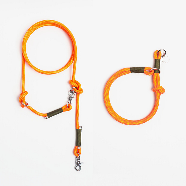 Führleine verstellbar, Zugstopphalsband Orange Olive Silber, Set aus Tau, Hundezubehör individuell nach Maß handgemacht in Österreich