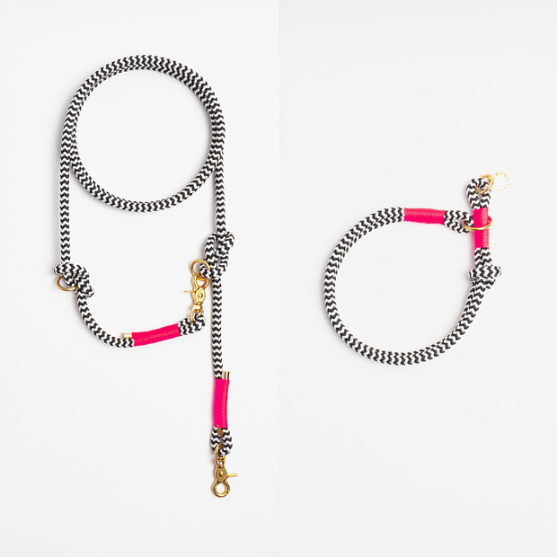 Führleine verstellbar, Zugstopphalsband Beige Schwarz Messing, Set aus Tau, Hundezubehör individuell nach Maß handgemacht in Österreich