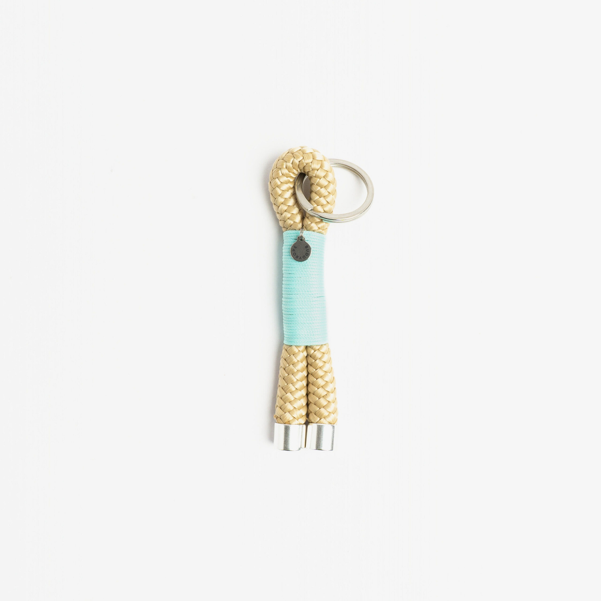 M-RAL-SAH-IVO-TRO-SIL-buddyrope-riseandlein-schluesselanhaenger-ivory-tropical-silber-handgemachter-schluesselanhaenger-individuell-aus-oesterreich Schlüsselanhänger Beige Helltürkis Silber, Schlüsselanhänger aus Tau, Hundezubehör individuell nach Maß handgemacht in Österreich
