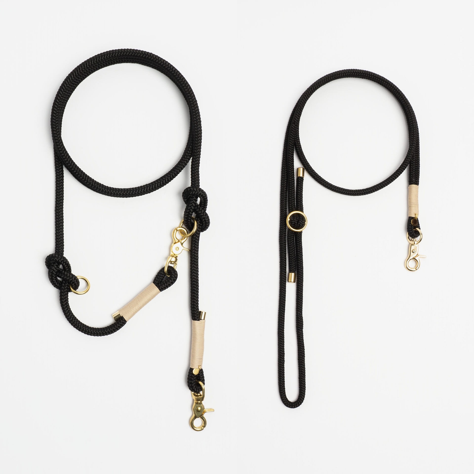 SET3-H-CTL-FLV-MID-IVO-MES-M-CTL-HK-MID-IVO-MES-buddyrope-crossthelein-fuehrleine-verstellbar-handykette-hundeleine-handgemachte-handykette-aus-tau-individuell-nach-mass-aus-oesterreich Führleine einfach, Handykette Schwarz Beige Messing, Set aus Tau, Hundezubehör im Partnerlook individuell nach Maß handgemacht in Österreich